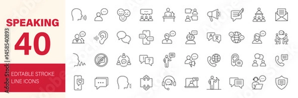 Fototapeta Speaking icon set. Containing dialogue, communication, talk, speech, discussion, chat, conference, meeting, voice, speech bubble, support and more. Editable line icons. Vector illustration.