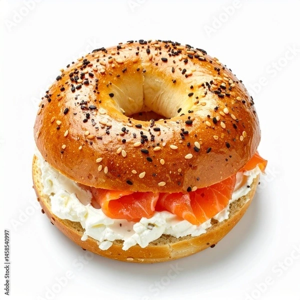 Fototapeta A delicious bagel sandwich with cream cheese and smoked salmon. The sesame seed bagel rests atop a creamy, white spread, loaded with fish