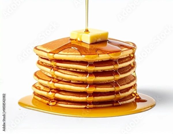 Fototapeta Stack of golden pancakes topped with butter and syrup, isolated on white background. Syrup drizzle cascades down