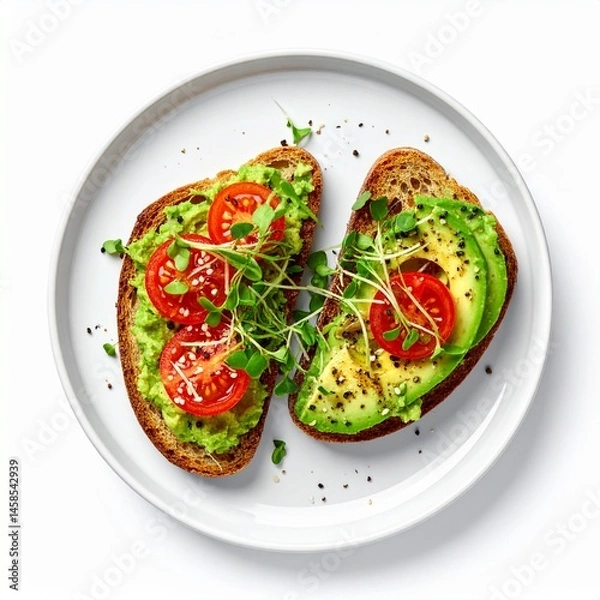 Obraz Sliced avocado toast topped with tomato, sprouts, and seasonings. Presented on a white plate, offering a healthy meal option