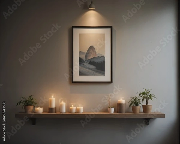 Fototapeta An atmospheric scene with minimalist artwork on the wall scented candles and small plants on low shelves and soft lighting