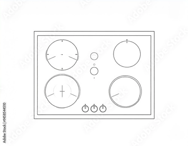 Fototapeta An overhead view of a sleek, modern electric cooktop. Featuring four circular burners and control knobs
