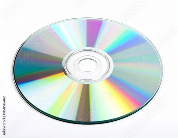 Fototapeta A reflective optical disc shines with colorful light reflections against a stark white backdrop, emphasizing digital storage