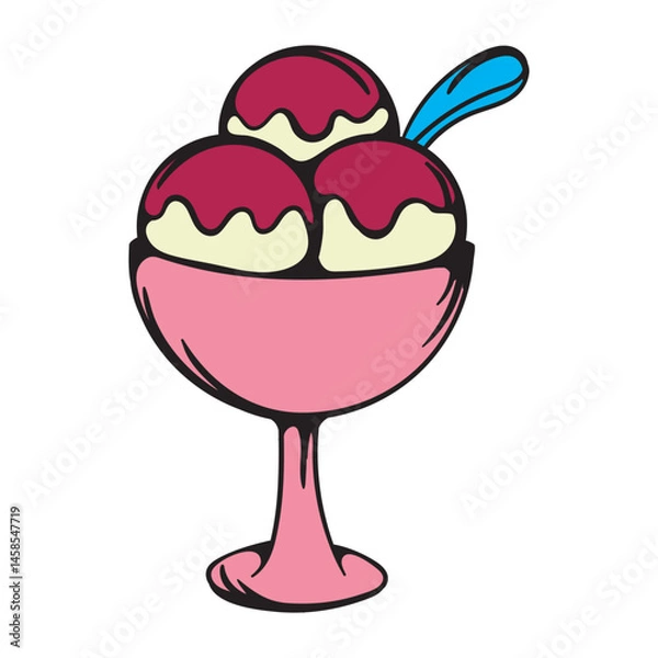 Fototapeta Three scoops of ice cream with topping in a bowl. Sweets. Simple vector illustration for sticker, icon, print. Design element isolated on white background