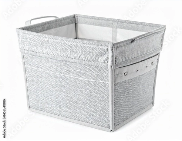 Obraz A gray, rectangular storage bin with a textured exterior, a white interior, and a handle for easy portability