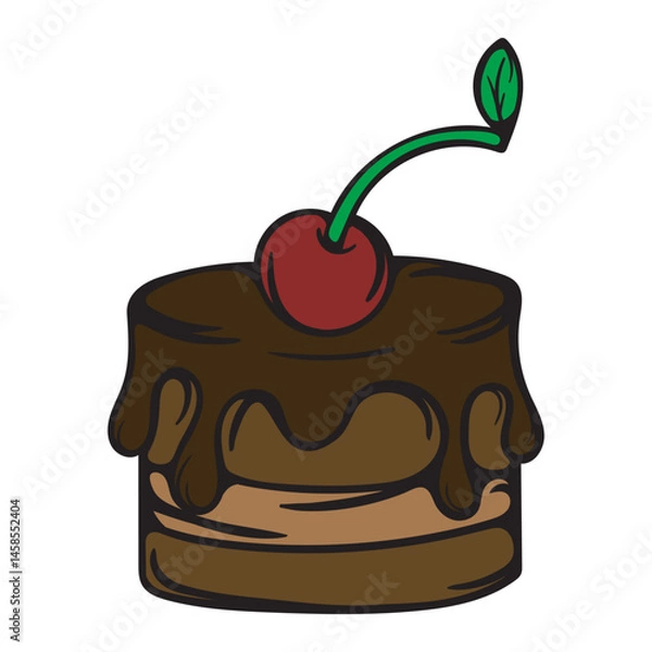 Obraz Chocolate cake with icing and cherries. Sweets. Simple vector illustration for sticker, icon, print. Design element isolated on white background
