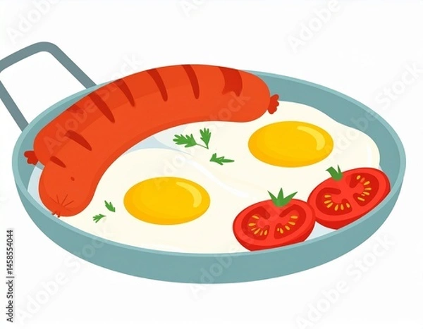 Obraz A colorful illustration of a cooked breakfast, featuring sunny-side-up eggs, sausage, and tomatoes in a pan, decorated with green herbs