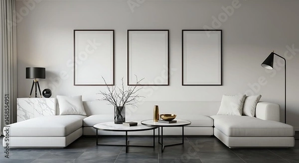 Fototapeta Elegant minimalistic living room scene with blank frames and sleek furniture