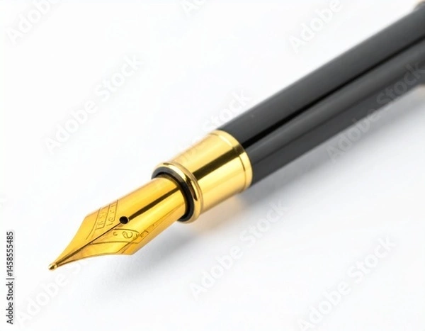 Obraz Close-up shot of a elegant fountain pen, black body with golden accents, nib details