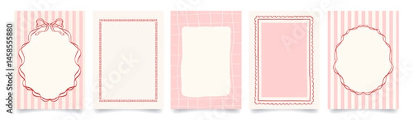 Fototapeta Vintage hand drawn frames with whimsical lines, bows, ribbons. Cute pink red minimalist line art borders. Vector template for poster, banner, wedding invitation, card.