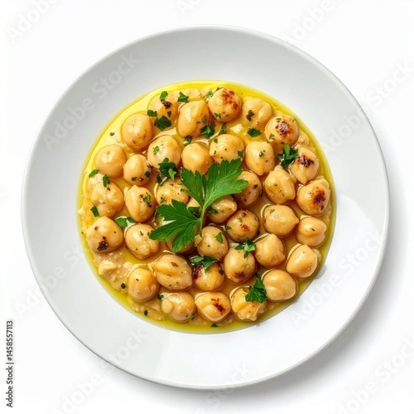 Obraz A plate showcases cooked chickpeas glistening with olive oil, parsley garnish, and a creamy base, ready to be enjoyed