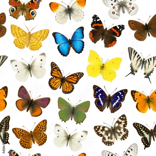 Fototapeta Seamless Pattern of Colorful Butterflies on White Background – AI Generated Insect Design