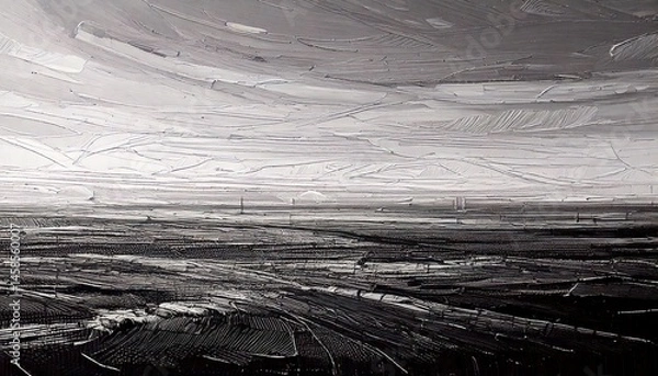 Fototapeta Peinture abstraite en noir et blanc d’un paysage montagneux texturé – huile au couteau sur toile, idéale pour affiches, impressions murales, décors ou design graphique