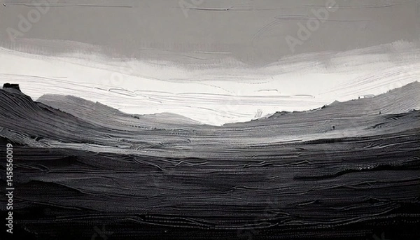 Fototapeta Peinture abstraite en noir et blanc d’un paysage montagneux texturé – huile au couteau sur toile, idéale pour affiches, impressions murales, décors ou design graphique