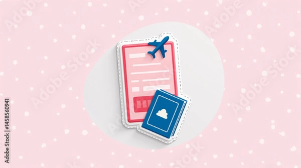 Obraz Cute sticker-style vector illustration of airplane documents with pink and blue accents against a polka-dotted background.