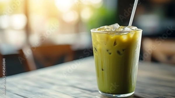 Fototapeta Refreshing iced matcha latte in a clear glass with straw on wooden table