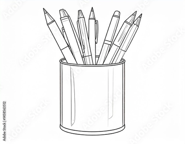Obraz A simple line drawing of pens in a round holder. The image depicts various writing instruments within a cylindrical container