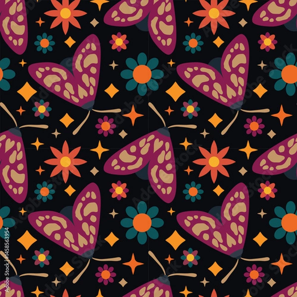 Fototapeta Colorful Butterfly and Floral Seamless Pattern Vector Illustration. Stylized butterflies and vibrant flowers on a black background. Artistic and modern design ideal for textile and wallpaper.