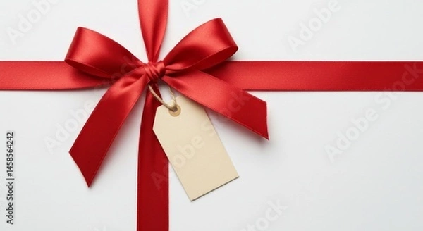 Fototapeta Elegant gift wrapped with red ribbon and a blank tag for personalization