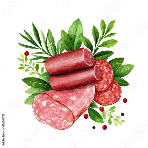 Fototapeta Freshly Sliced Sausage and Charcuterie Ingredients Surrounded by Greenery for Culinary Inspiration