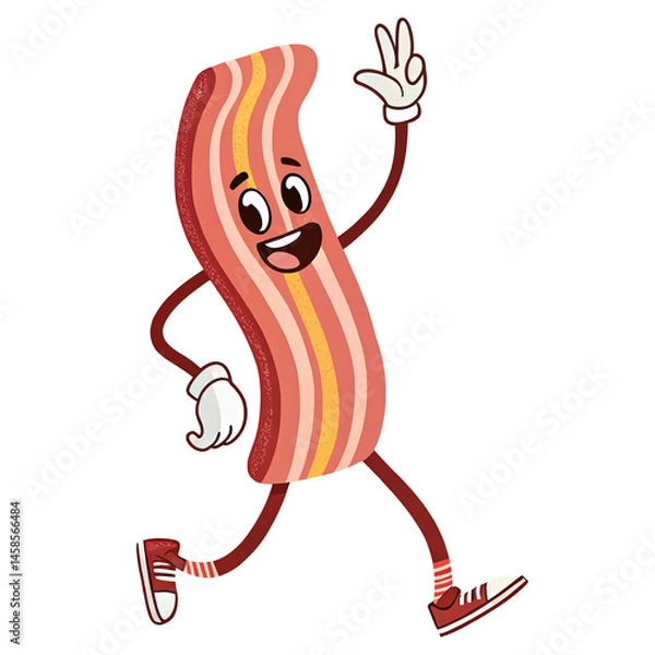 Obraz Groovy greeting bacon character. Isolated food illustration.