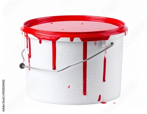 Obraz Red paint drips down a white bucket, creating vibrant, messy streaks on a clean background