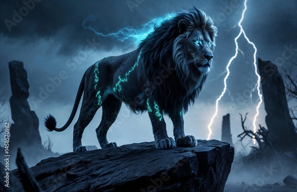 Obraz Majestic lion stands on jagged black rock in dark fantasy realm beneath a stormy, powerful sky