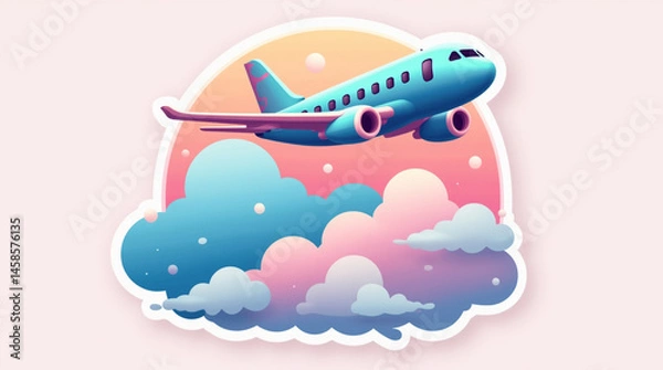 Obraz Cute vector aviation sticker featuring blue airplane and pink-blue clouds against a pastel background.