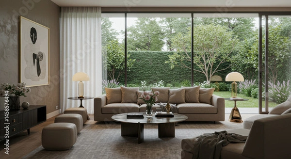Fototapeta Elegant living room with a cozy sofa and beautiful garden view.