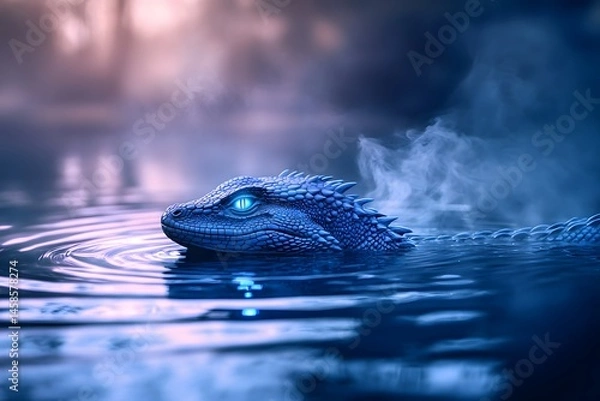 Obraz A blue dragon with glowing eyes swimming in dark water under a cloudy and slightly pink sky scene