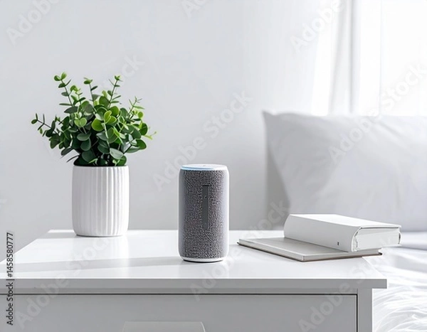 Fototapeta A smart home speaker, greenery, and book sit on a white bedside table, minimalist composition. Bright, airy interior design
