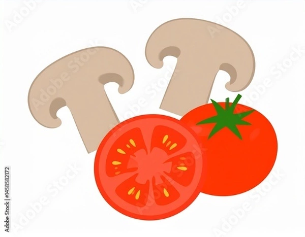 Obraz A stylized illustration features two sliced mushrooms, a tomato, and a half-cut tomato, all on a white background