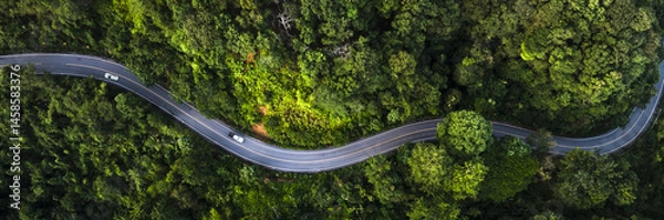 Obraz Top view road in beautiful autumn forest at sunset, trees with red and orange leaves , Beautiful landscape view from flying drone in Nature