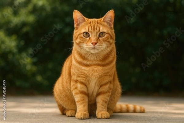 Fototapeta Portrait of alert ginger tabby cat sitting outdoors on concrete with blurred green background, perfect for pet care, veterinary or adoption themes