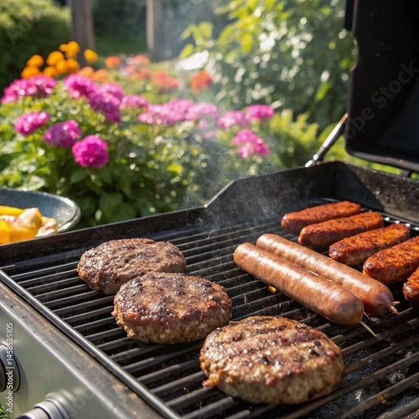 Obraz Grilled meat on the grill. Barbecue in garden. 