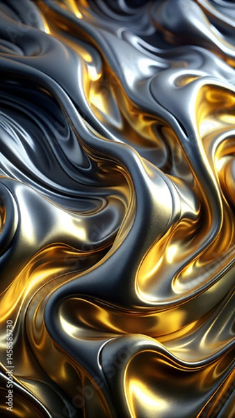 Fototapeta Metallic Liquid Texture with Reflective Surfaces in Gold and Black  