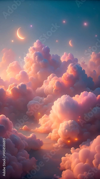 Fototapeta Dreamy Soft Clouds with Stars and Moon in Atmospheric Style  