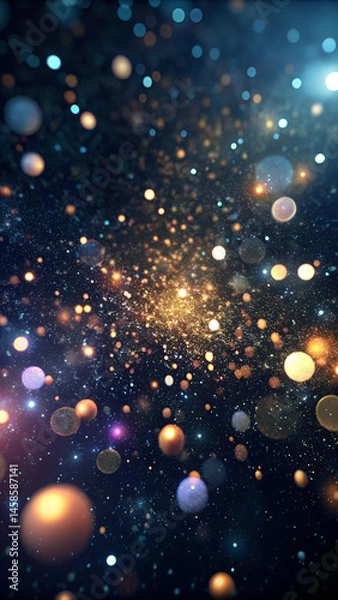 Fototapeta Abstract glowing particles floating in dark space  