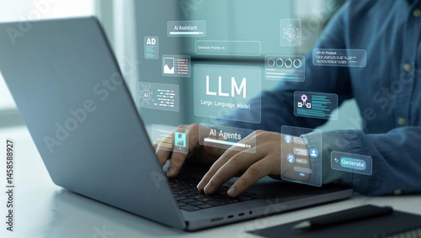 Fototapeta Large language model(LLM) with AI technology.User working on laptop in LLM,Data performrange language tasks,answering questions, summarizing information, translating languages, writing code.