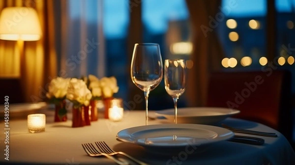 Fototapeta Elegant Dinner Table Setting with Soft Lighting and City View Backdrop