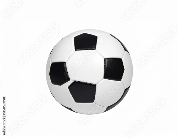 Fototapeta Black and white panels form a round soccer ball centered against a plain white backdrop