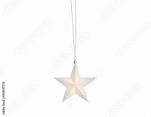 Fototapeta A simple white star ornament hangs by a thin string against a pristine white background