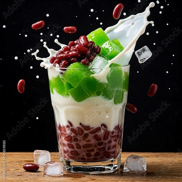 Fototapeta A glass of che ba mau (three-color dessert) with layers of red beans, pandan jelly, and coconut milk, topped with crushed ice,	
