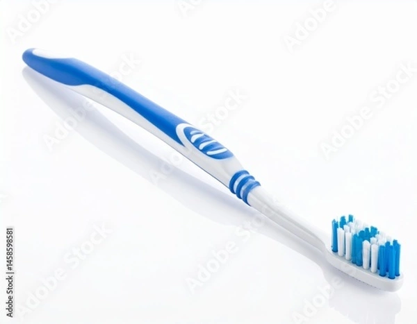 Fototapeta Blue & white toothbrush. Angled on white surface with reflection