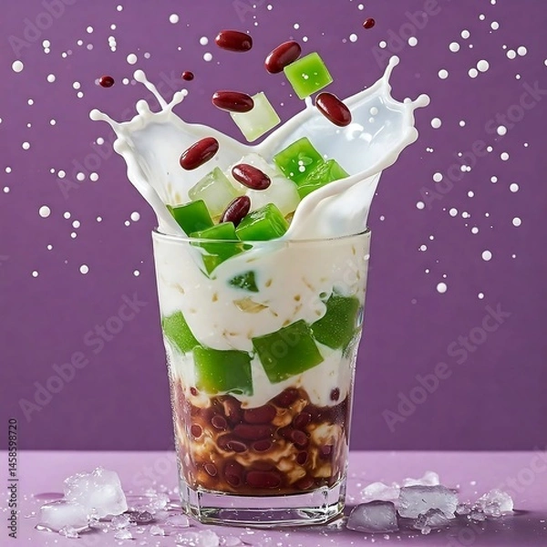 Fototapeta A glass of che ba mau (three-color dessert) with layers of red beans, pandan jelly, and coconut milk, topped with crushed ice,	
