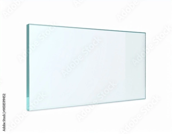 Fototapeta Glass panel on white backdrop; clear with light turquoise edges in bright and clean ambiance