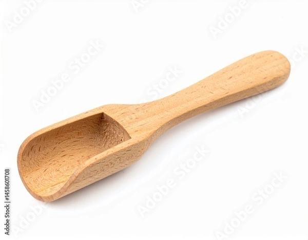 Fototapeta Light-colored wooden scoop with a handle, lying on a white surface, angled slightly