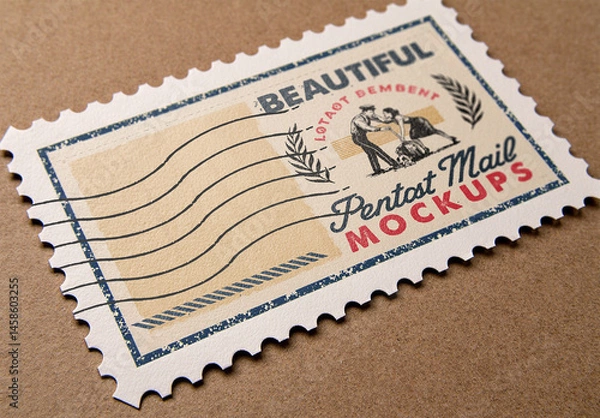 Obraz Realistic Postage Stamp Mockup with Vintage Frame on Kraft Paper