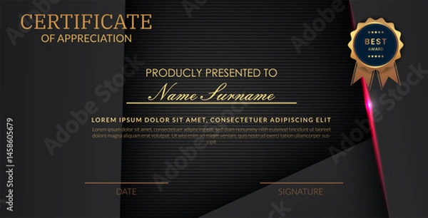 Obraz Creative certificate of appreciation best award template with abstract black pink light background, Use for print, certificate, diploma, graduation eps10 vector template