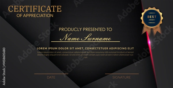 Obraz Creative certificate of appreciation best award template with abstract black pink light background, Use for print, certificate, diploma, graduation eps10 vector template